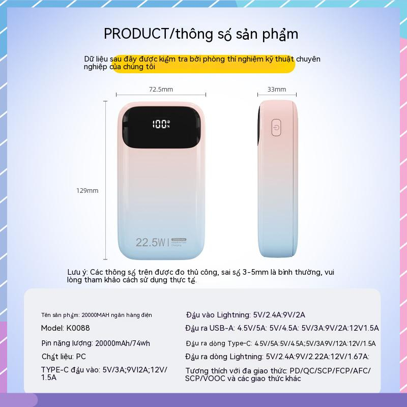 Cục Sạc Nhanh 22.5W 20000mAH Có Màn Hình Kỹ Thuật Số Hai Đường Viền Cho Samsung / Xiaomi / oppo / vivo