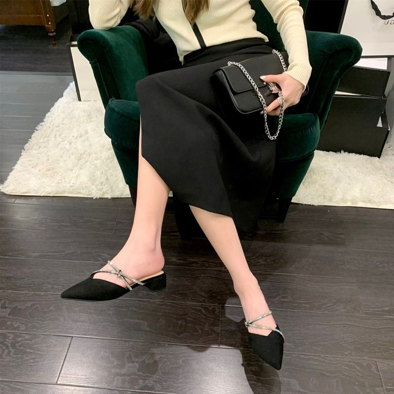 Xăng đan Mũi Nhọn Gót Dày Đính Đá Phong Cách Pháp Mới