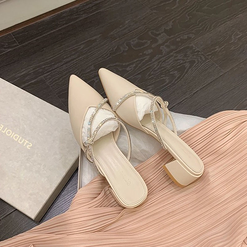 Xăng đan Mũi Nhọn Gót Dày Đính Đá Phong Cách Pháp Mới