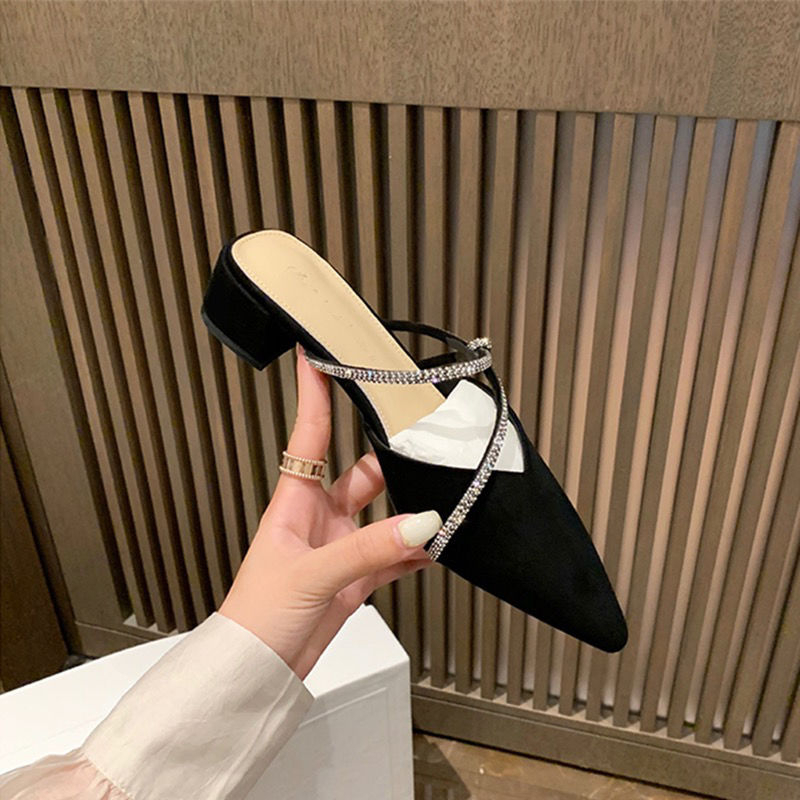 Xăng đan Mũi Nhọn Gót Dày Đính Đá Phong Cách Pháp Mới