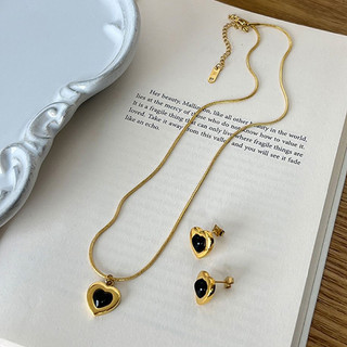 Vòng cổ mặt trái tim đính đá đen bằng thép không gỉ