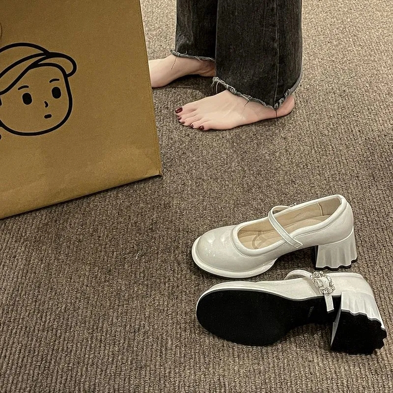 Giày Cao Gót Da Bóng Mũi Tròn Đế Dày Phong Cách Anh Quốc Thời Trang Mùa Hè Cho Nữ