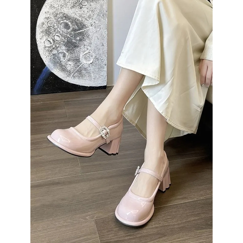 Giày Cao Gót Da Bóng Mũi Tròn Đế Dày Phong Cách Anh Quốc Thời Trang Mùa Hè Cho Nữ