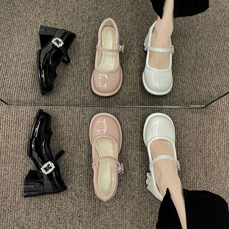 Giày Cao Gót Da Bóng Mũi Tròn Đế Dày Phong Cách Anh Quốc Thời Trang Mùa Hè Cho Nữ