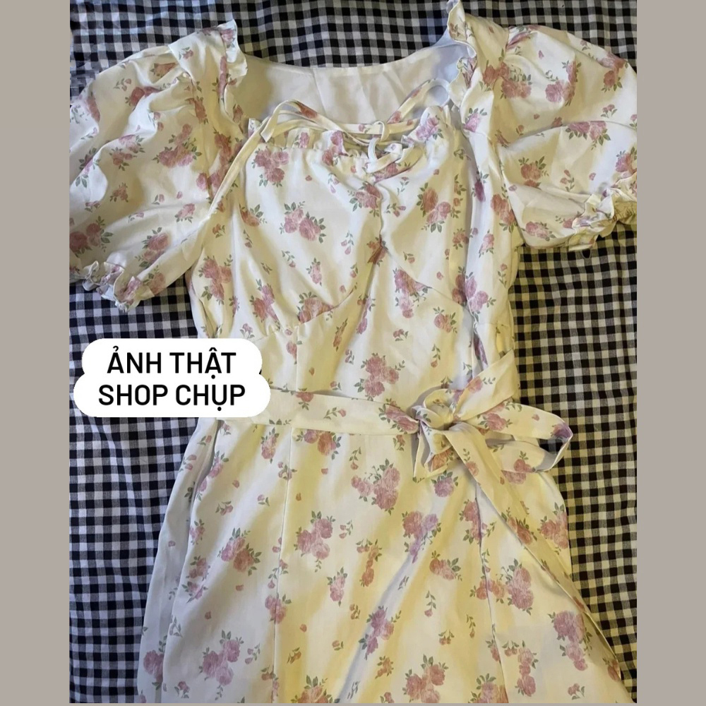 Minimalist Labo [Sẵn] Váy Hoa Nhí Xẻ Tà Dáng Chữ A Tay Bồng Hai Lớp Dày Dặn Vintage