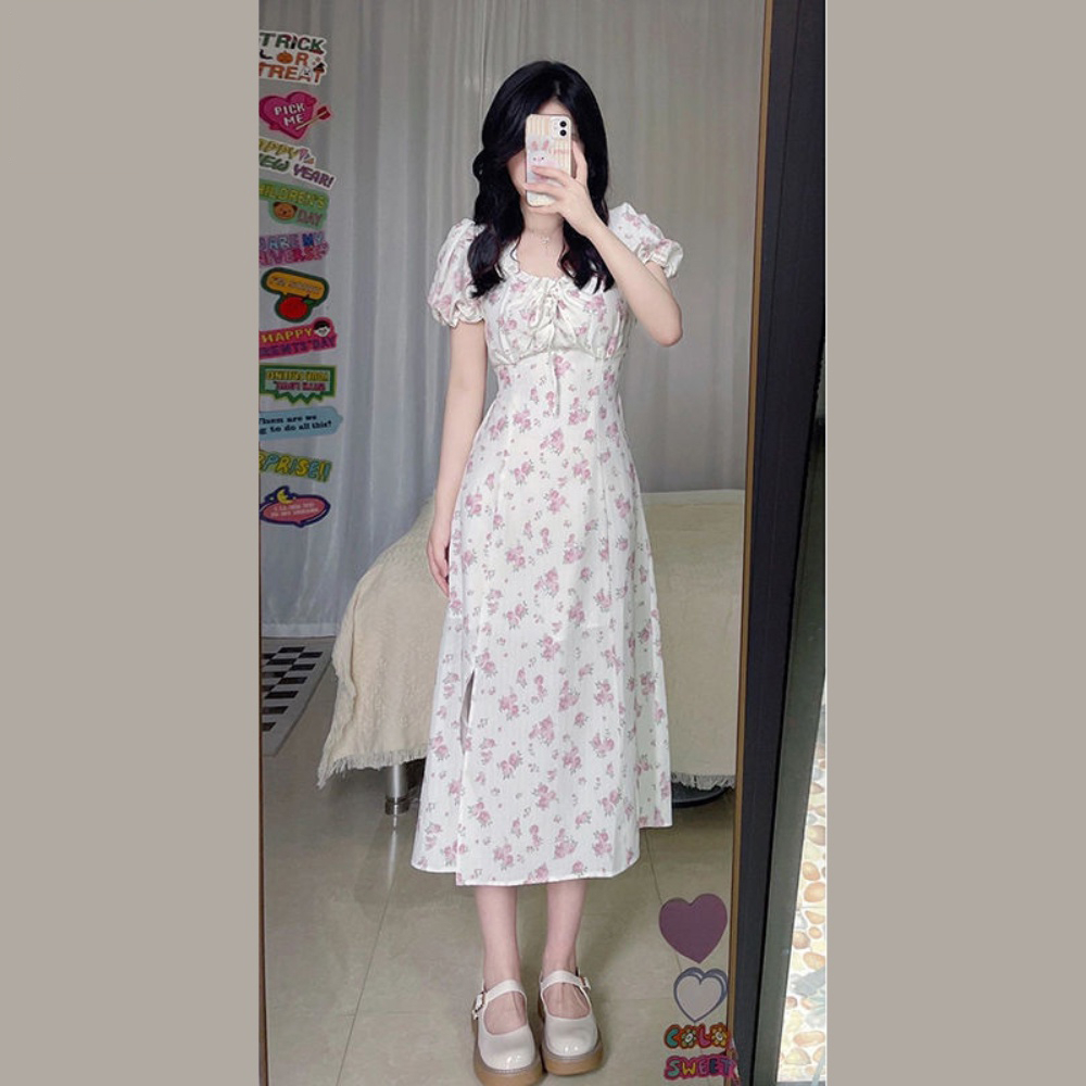 Minimalist Labo [Sẵn] Váy Hoa Nhí Xẻ Tà Dáng Chữ A Tay Bồng Hai Lớp Dày Dặn Vintage