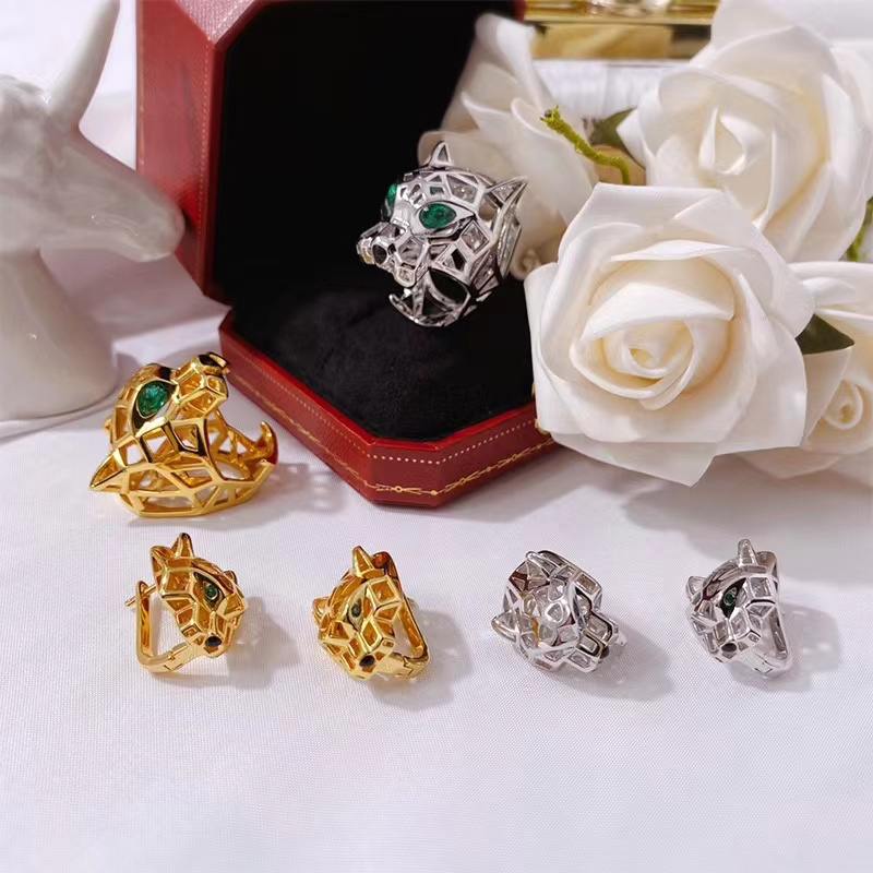 Set Vòng cổ Nhẫn Và Bông Tai Hình Đầu Báo Sang Trọng Cho Nữ