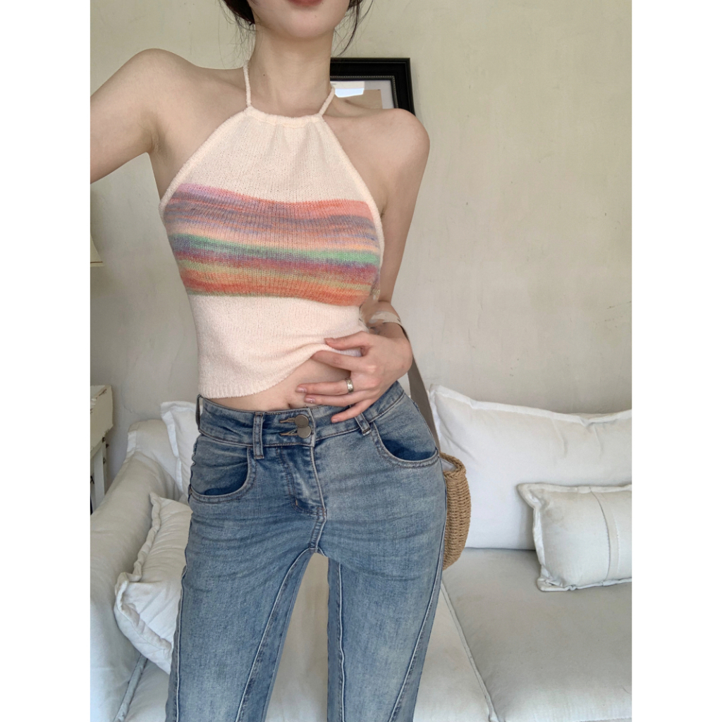 SUXI Áo Hai Dây Dệt Kim Hở Lưng Họa Tiết Kẻ Sọc Thời Trang Mùa Hè