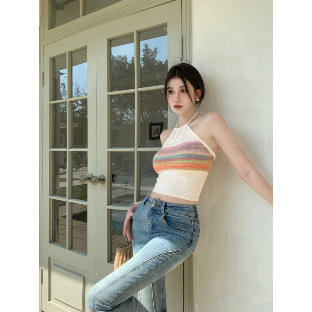 SUXI Áo Hai Dây Dệt Kim Hở Lưng Họa Tiết Kẻ Sọc Thời Trang Mùa Hè