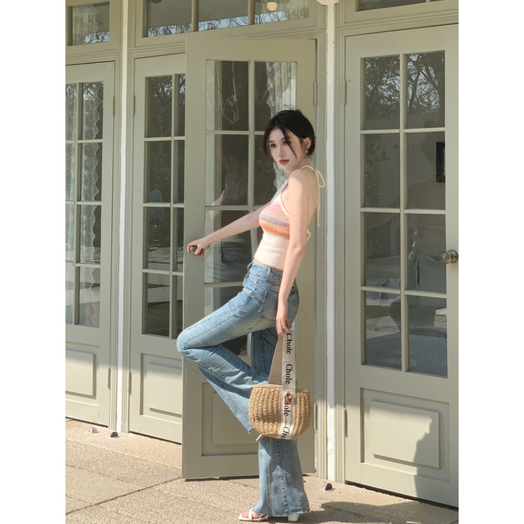 SUXI Áo Hai Dây Dệt Kim Hở Lưng Họa Tiết Kẻ Sọc Thời Trang Mùa Hè