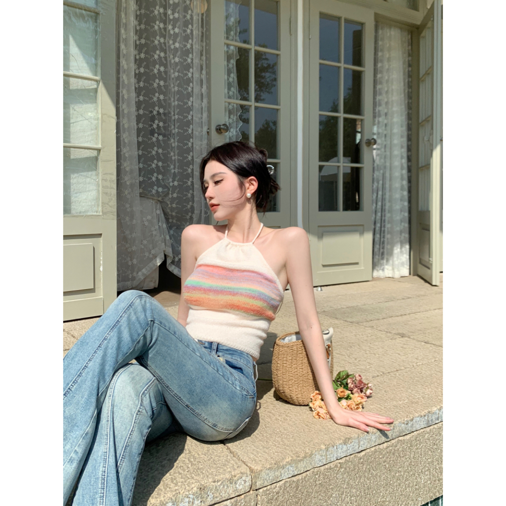 SUXI Áo Hai Dây Dệt Kim Hở Lưng Họa Tiết Kẻ Sọc Thời Trang Mùa Hè