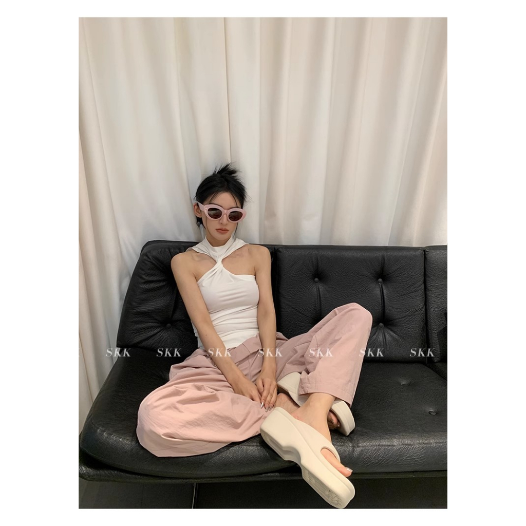 Fine Studio Áo Sát Nách Cổ Yếm Màu Trơn Phong Cách Niche Mùa Hè Nóng Bỏng Cho Nữ