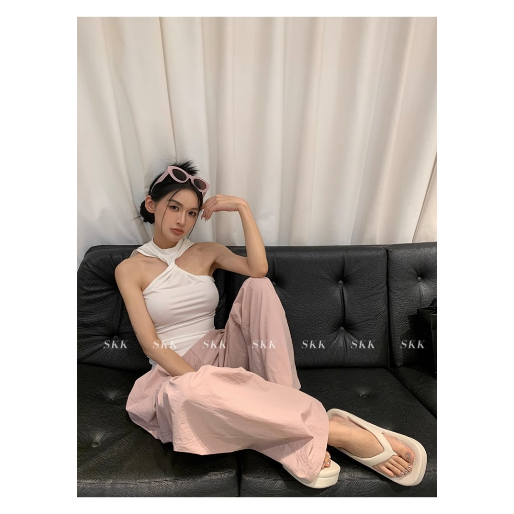 Fine Studio Áo Sát Nách Cổ Yếm Màu Trơn Phong Cách Niche Mùa Hè Nóng Bỏng Cho Nữ