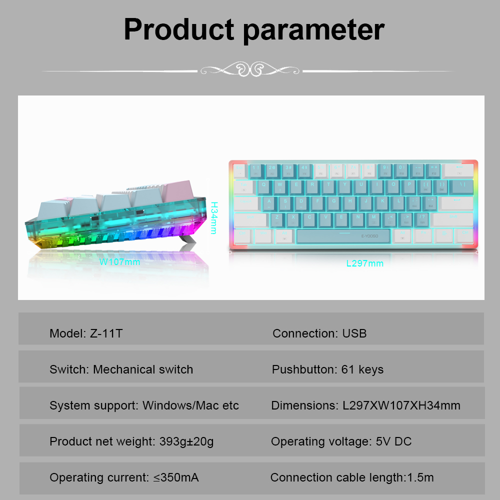 Bàn Phím Cơ Gaming E-YOOSO Z11T USB 60% 61 Phím Có Dây Dành Cho Máy Tính Du Lịch