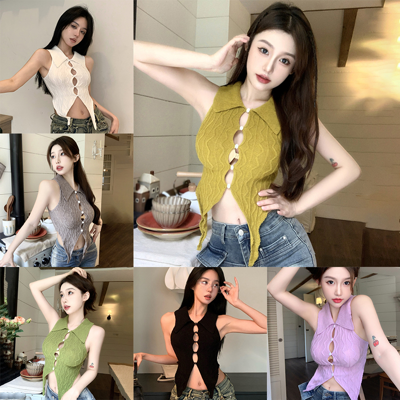 Áo Croptop Dệt Kim Màu Sắc Trơn Thiết Kế Cổ Bẻ Độc Đáo Quyến Rũ Cho Nữ