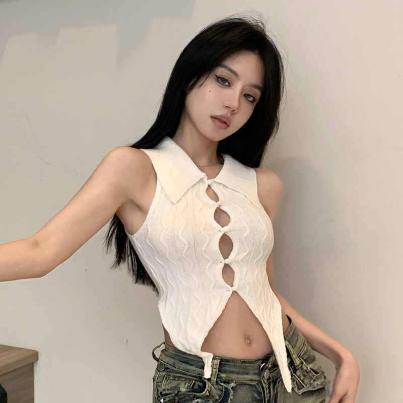 Áo Croptop Dệt Kim Màu Sắc Trơn Thiết Kế Cổ Bẻ Độc Đáo Quyến Rũ Cho Nữ