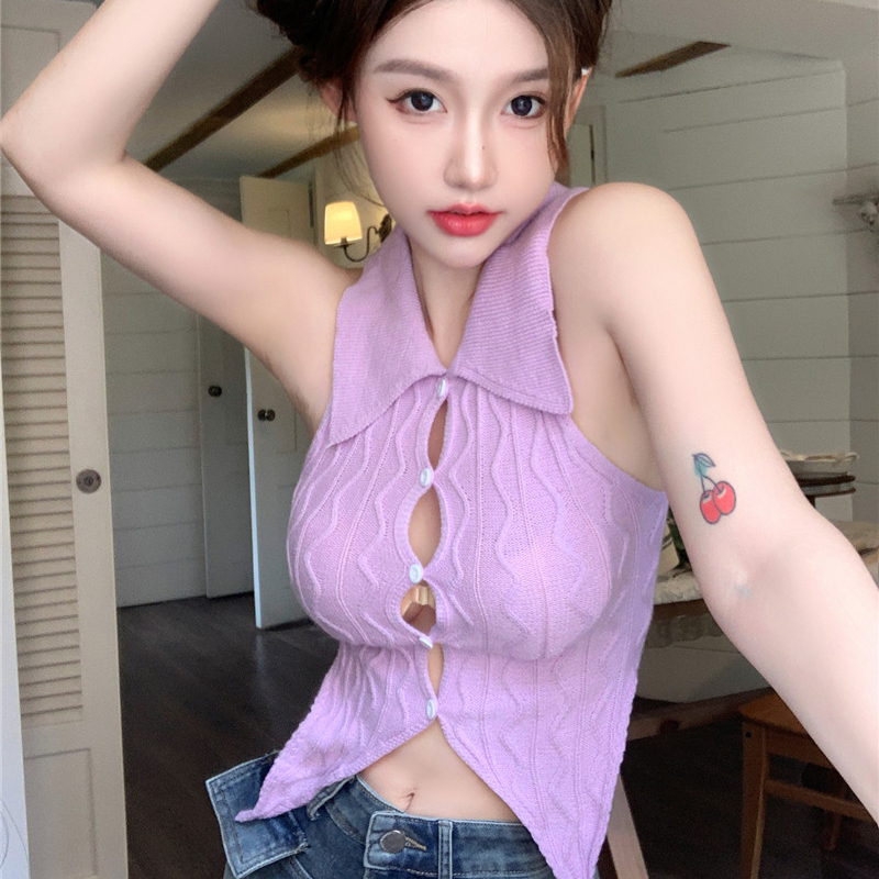 Áo Croptop Dệt Kim Màu Sắc Trơn Thiết Kế Cổ Bẻ Độc Đáo Quyến Rũ Cho Nữ