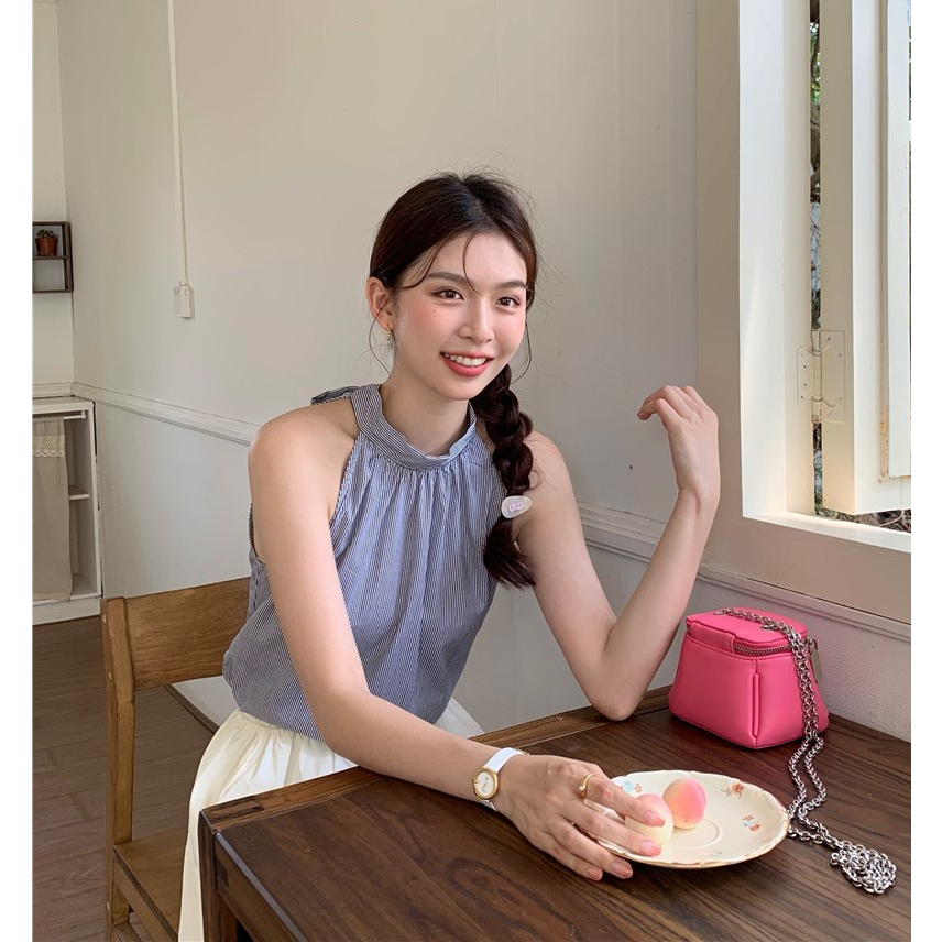 Áo Hai Dây Họa Tiết Kẻ Sọc Thắt Dây Sau Lưng Phong Cách Pháp 64735