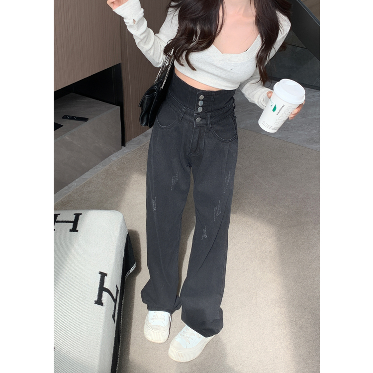 Lalisas Quần Jean Dài Lưng Cao Ống Rộng Màu Đen Phong Cách retro Đường Phố Cá Tính Cho Nữ