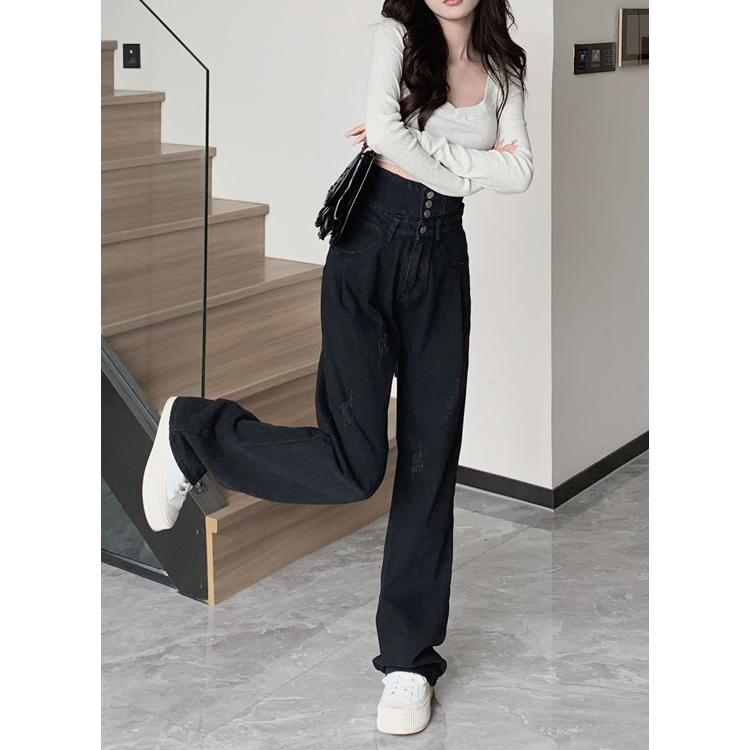 Lalisas Quần Jean Dài Lưng Cao Ống Rộng Màu Đen Phong Cách retro Đường Phố Cá Tính Cho Nữ