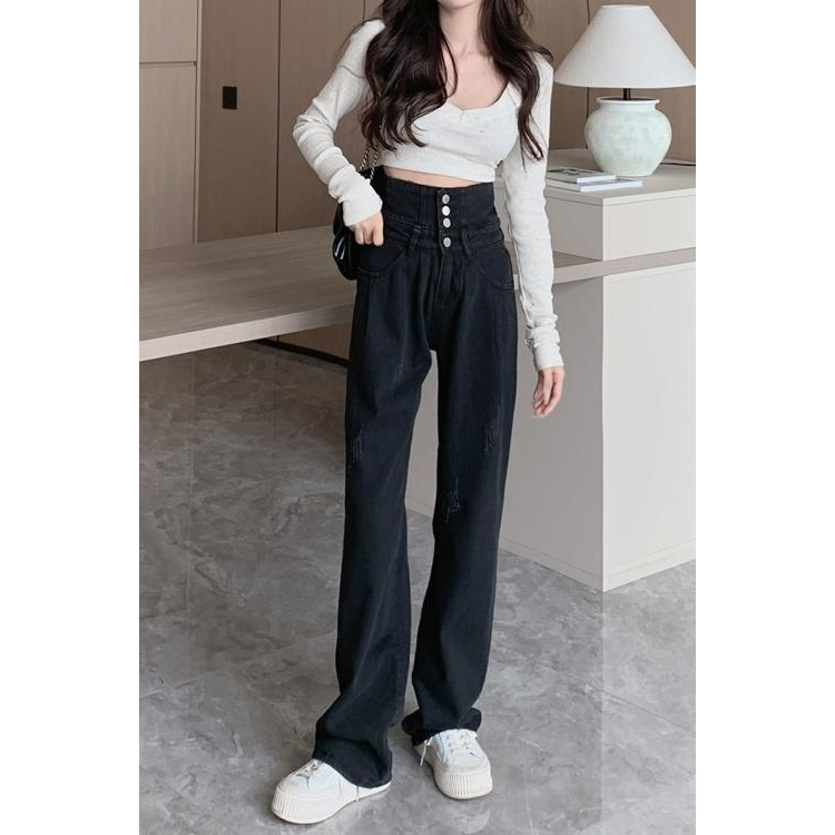 Lalisas Quần Jean Dài Lưng Cao Ống Rộng Màu Đen Phong Cách retro Đường Phố Cá Tính Cho Nữ