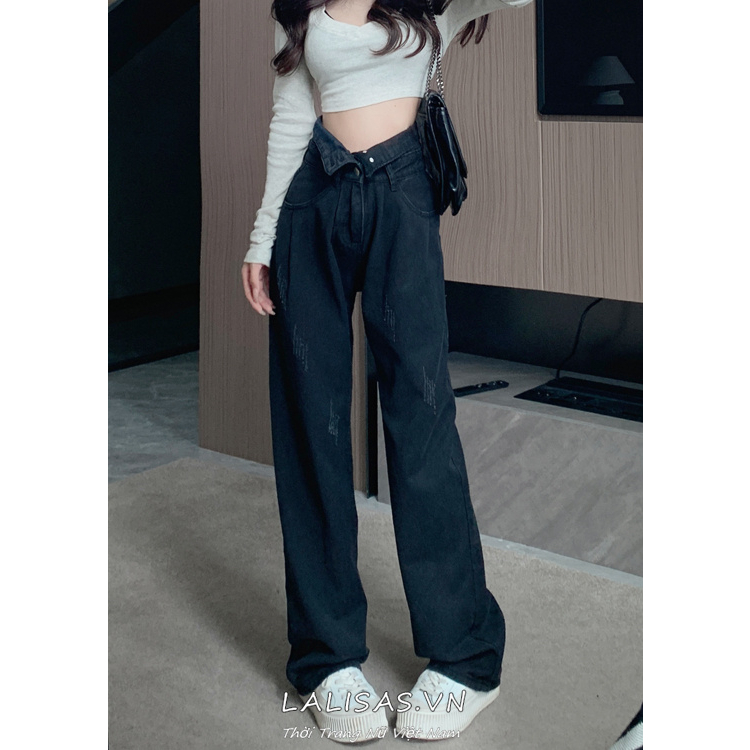 Lalisas Quần Jean Dài Lưng Cao Ống Rộng Màu Đen Phong Cách retro Đường Phố Cá Tính Cho Nữ