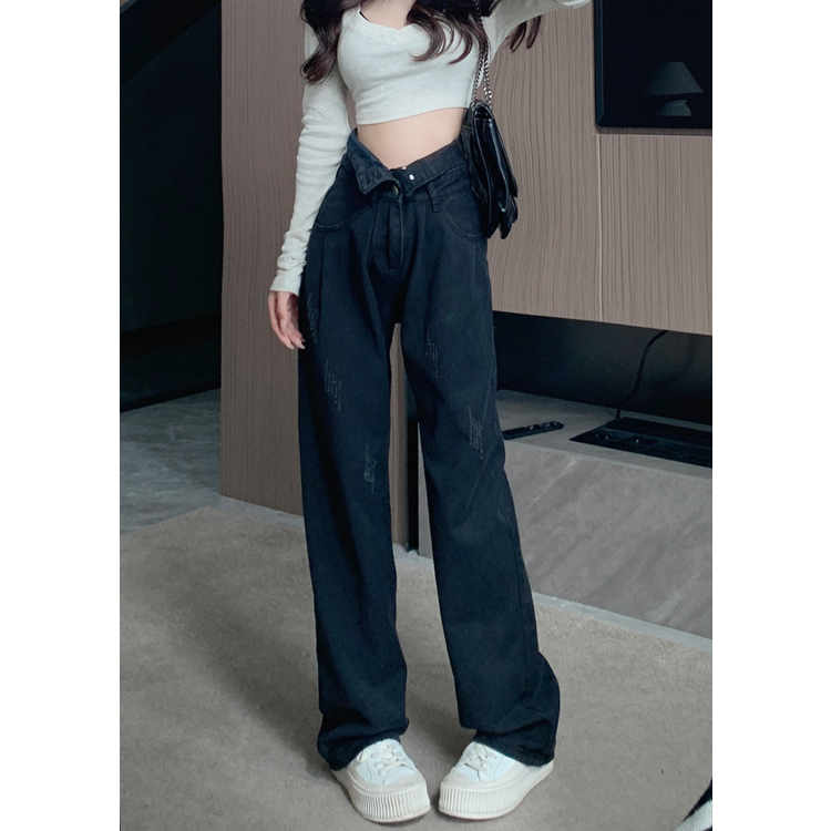 Lalisas Quần Jean Dài Lưng Cao Ống Rộng Màu Đen Phong Cách retro Đường Phố Cá Tính Cho Nữ