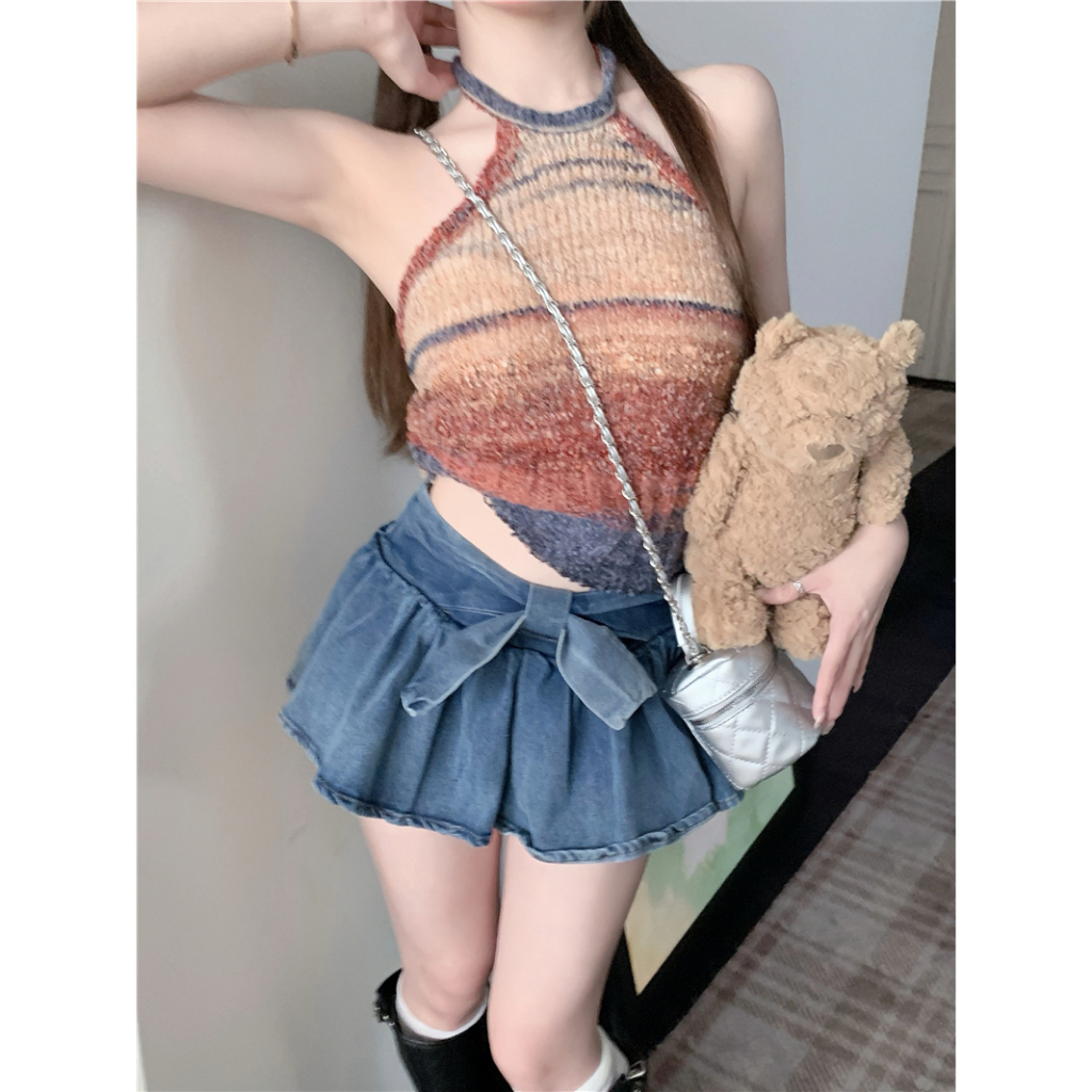 Áo Tank top Hai Dây Dệt Kim Mỏng Vừa Vặn Họa Tiết Gia Vị Cá Tính Ngọt Ngào Cho Nữ