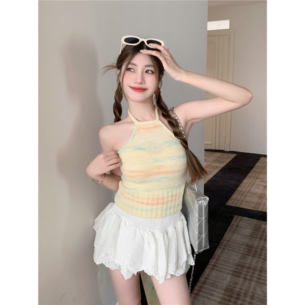 Áo Tank top Hai Dây Dệt Kim Mỏng Vừa Vặn Họa Tiết Gia Vị Cá Tính Ngọt Ngào Cho Nữ