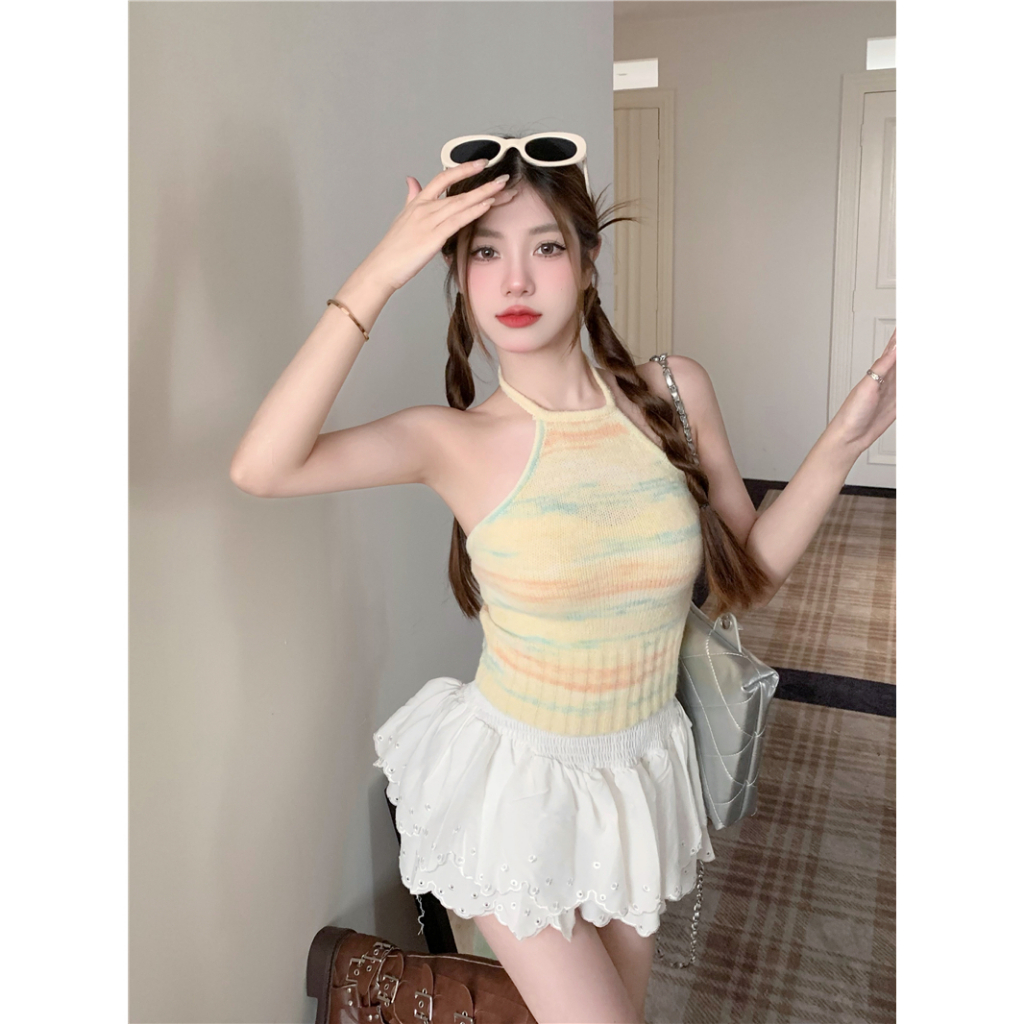 Áo Tank top Hai Dây Dệt Kim Mỏng Vừa Vặn Họa Tiết Gia Vị Cá Tính Ngọt Ngào Cho Nữ