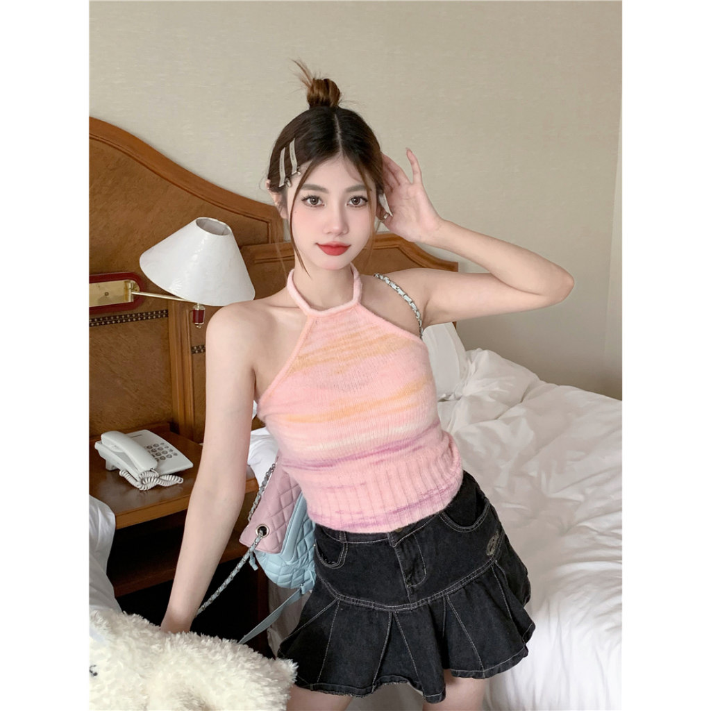 Áo Tank top Hai Dây Dệt Kim Mỏng Vừa Vặn Họa Tiết Gia Vị Cá Tính Ngọt Ngào Cho Nữ