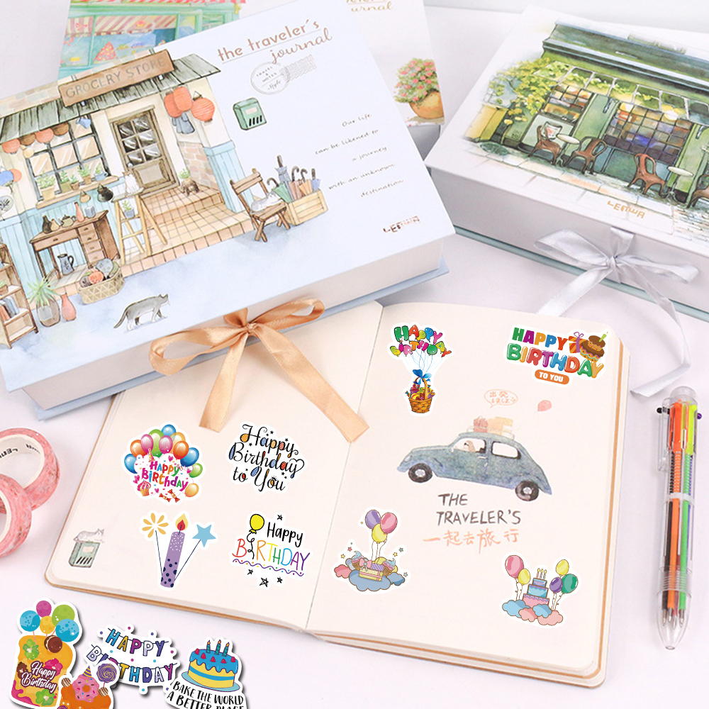 Bộ 50 Miếng Dán Chữ Happy Birthday Chống Thấm Nước Dùng Trang Trí Điện Thoại / Mũ Bảo Hiểm / Máy Tính