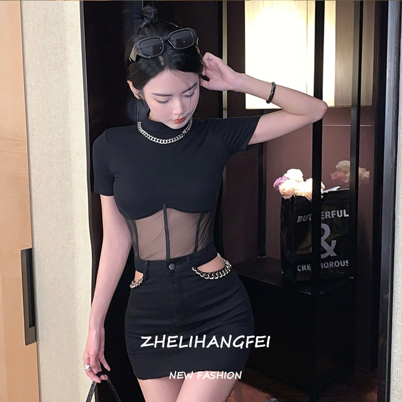 ZHELIHANGFEI Áo Thun Nữ Ngắn Tay Cổ Tròn Có Khóa Kéo Một Mảnh Thời Trang Hàn