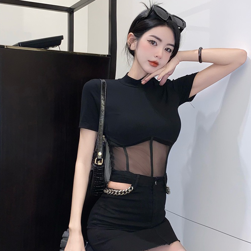 ZHELIHANGFEI Áo Thun Nữ Ngắn Tay Cổ Tròn Có Khóa Kéo Một Mảnh Thời Trang Hàn