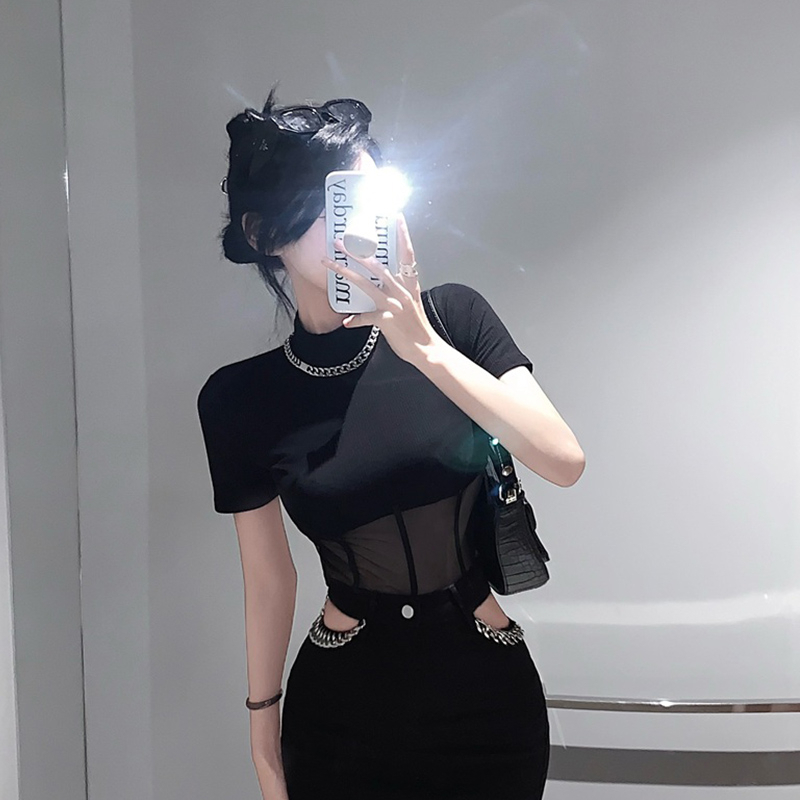 ZHELIHANGFEI Áo Thun Nữ Ngắn Tay Cổ Tròn Có Khóa Kéo Một Mảnh Thời Trang Hàn