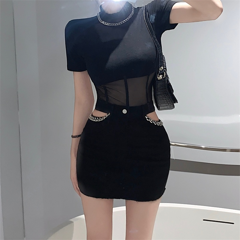 ZHELIHANGFEI Áo Thun Nữ Ngắn Tay Cổ Tròn Có Khóa Kéo Một Mảnh Thời Trang Hàn