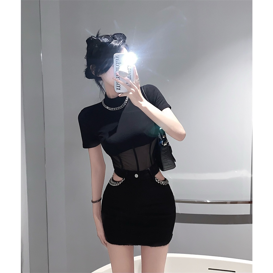 ZHELIHANGFEI Áo Thun Nữ Ngắn Tay Cổ Tròn Có Khóa Kéo Một Mảnh Thời Trang Hàn