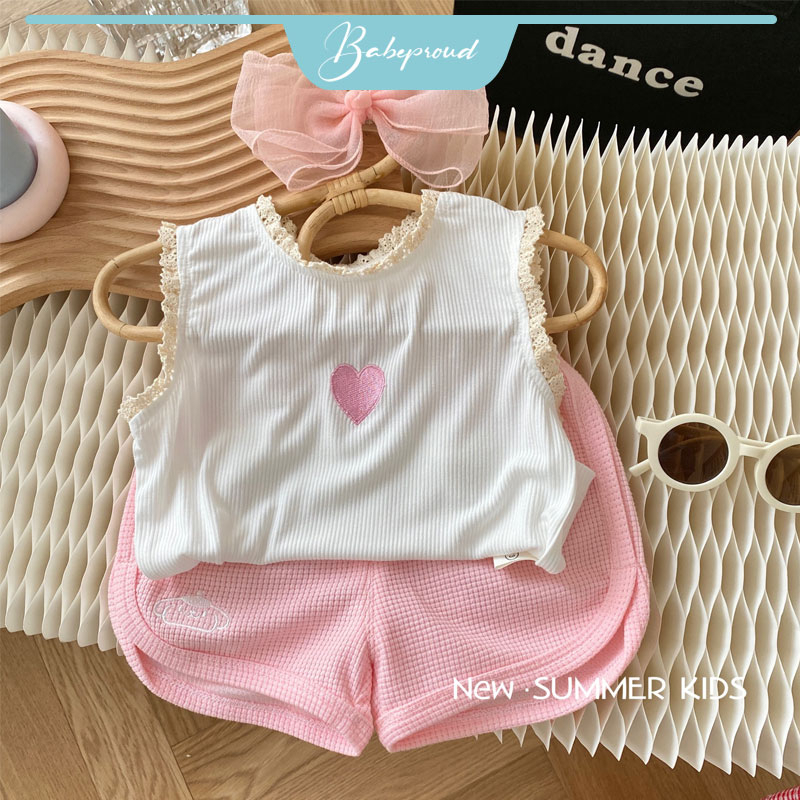 BABEPROUD Set Đồ Thể Thao Gồm Áo Sát Nách Màu Hồng Họa Tiết Trái Tim + Quần Short Cho Bé Gái 2-7 Tuổi