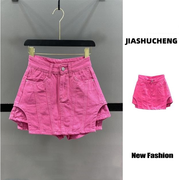 Jiashucheng Quần Short Jean Giả Váy Lưng Cao Ống Rộng Màu Hồng Thời Trang Xuân Hè Cho Nữ