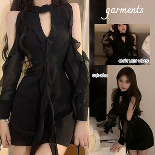 Đen Trễ Tay Dài Đầm Body Hở Vai Ngắn Voan Sexy Trông Gầy Thời Trang Nữ Váy Đẹp Cô Gái Nóng Bỏng