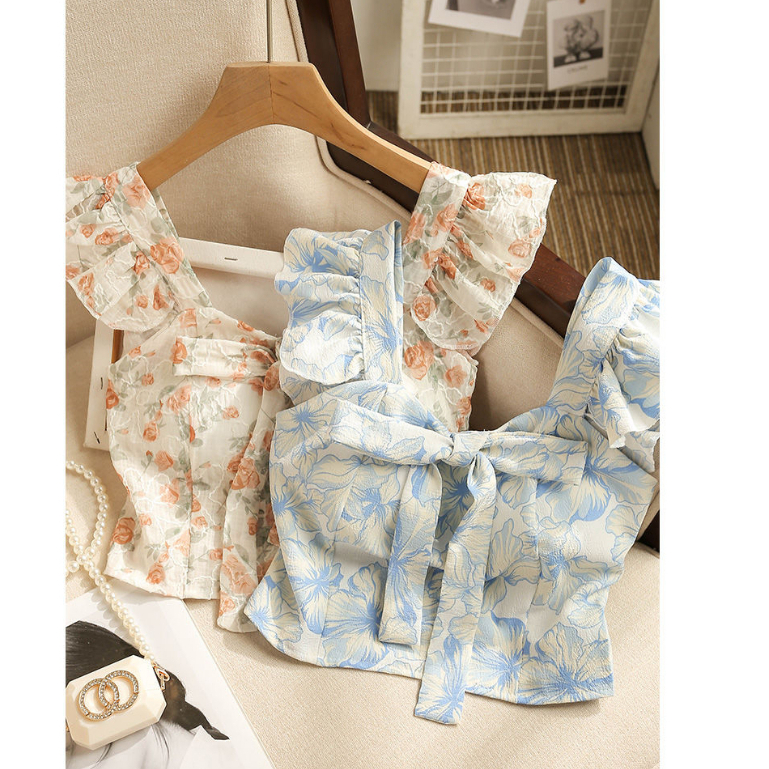 French Style Floral Bow Tie Two-Piece Shirt Summer Fashion For