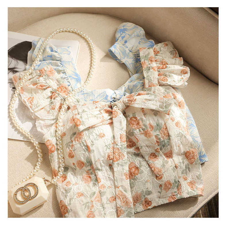 French Style Floral Bow Tie Two-Piece Shirt Summer Fashion For