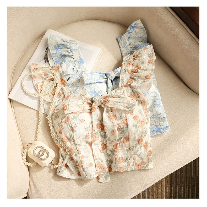 French Style Floral Bow Tie Two-Piece Shirt Summer Fashion For