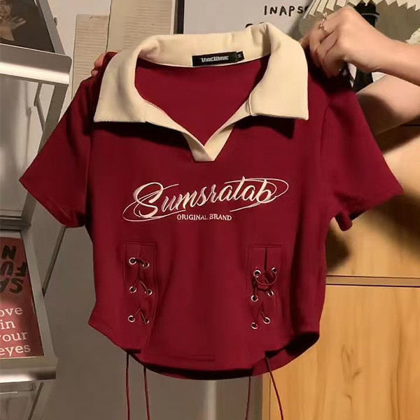 Sweet Preppy Style Letter Embroidered Short Sleeve Polo T-shirt for Women