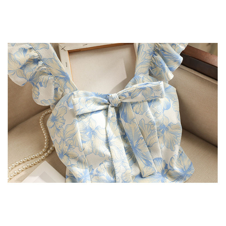 French Style Floral Bow Tie Two-Piece Shirt Summer Fashion For