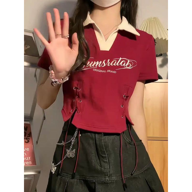 Sweet Preppy Style Letter Embroidered Short Sleeve Polo T-shirt for Women