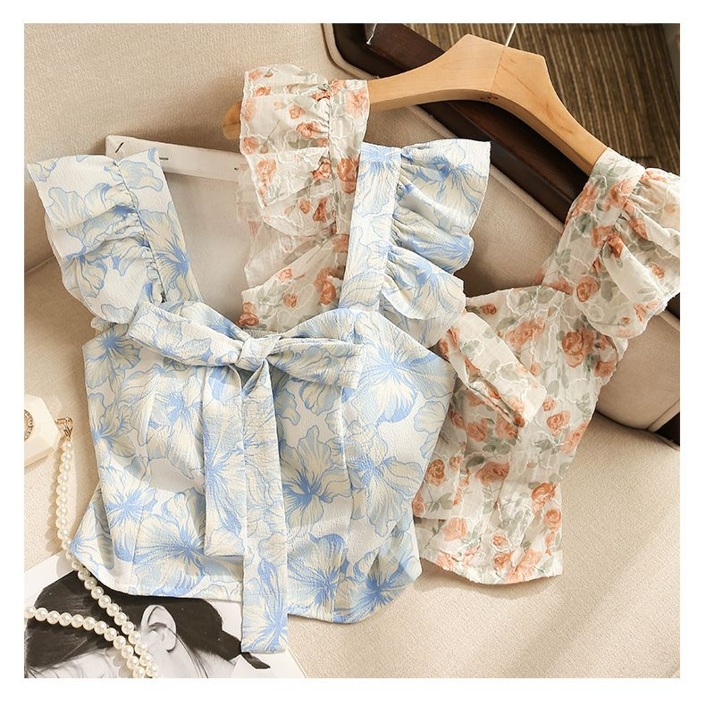 French Style Floral Bow Tie Two-Piece Shirt Summer Fashion For