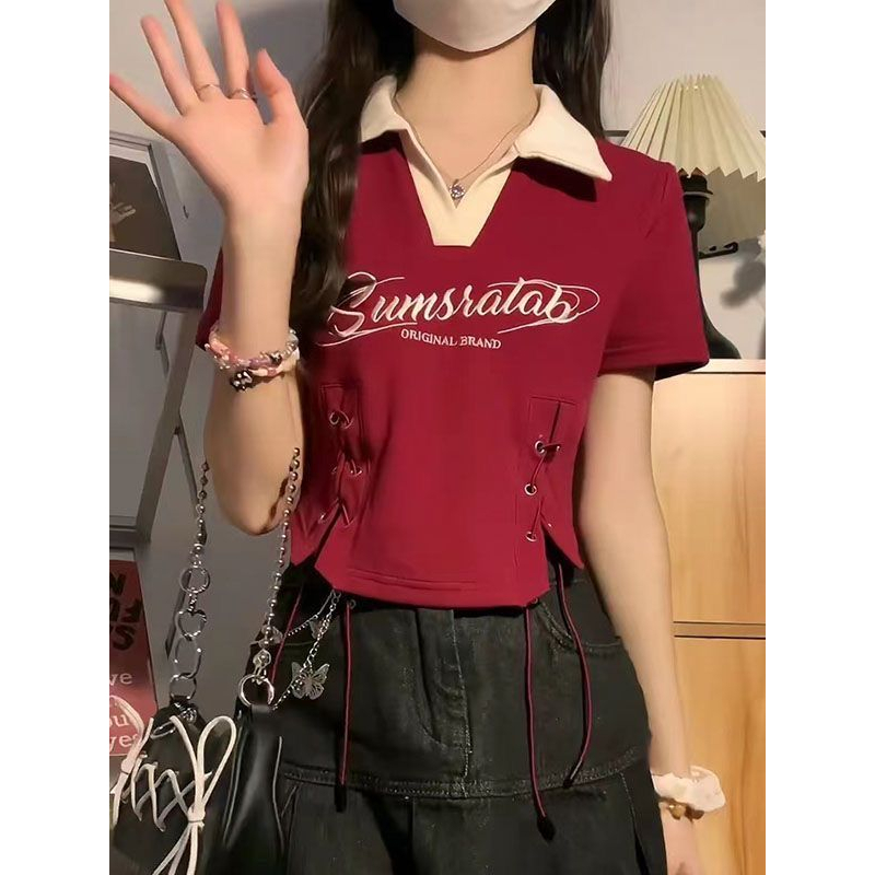 Sweet Preppy Style Letter Embroidered Short Sleeve Polo T-shirt for Women