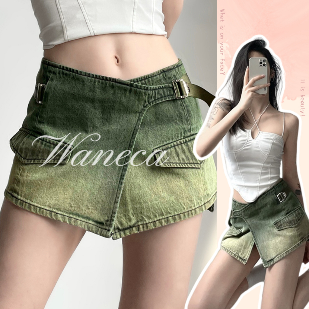 Waneca Chân Váy Denim Chữ A Mini Lưng Cao Phong Cách Retro Mỹ Dễ Phối Đồ Quyến Rũ Cho Nữ