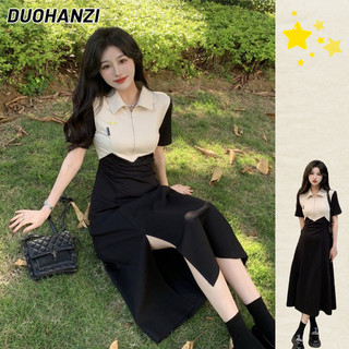 DUOHANZI  Đầm Cổ POLO Xẻ Tà Phối Màu Sắc Tương Phản Thời Trang Cho Nữ